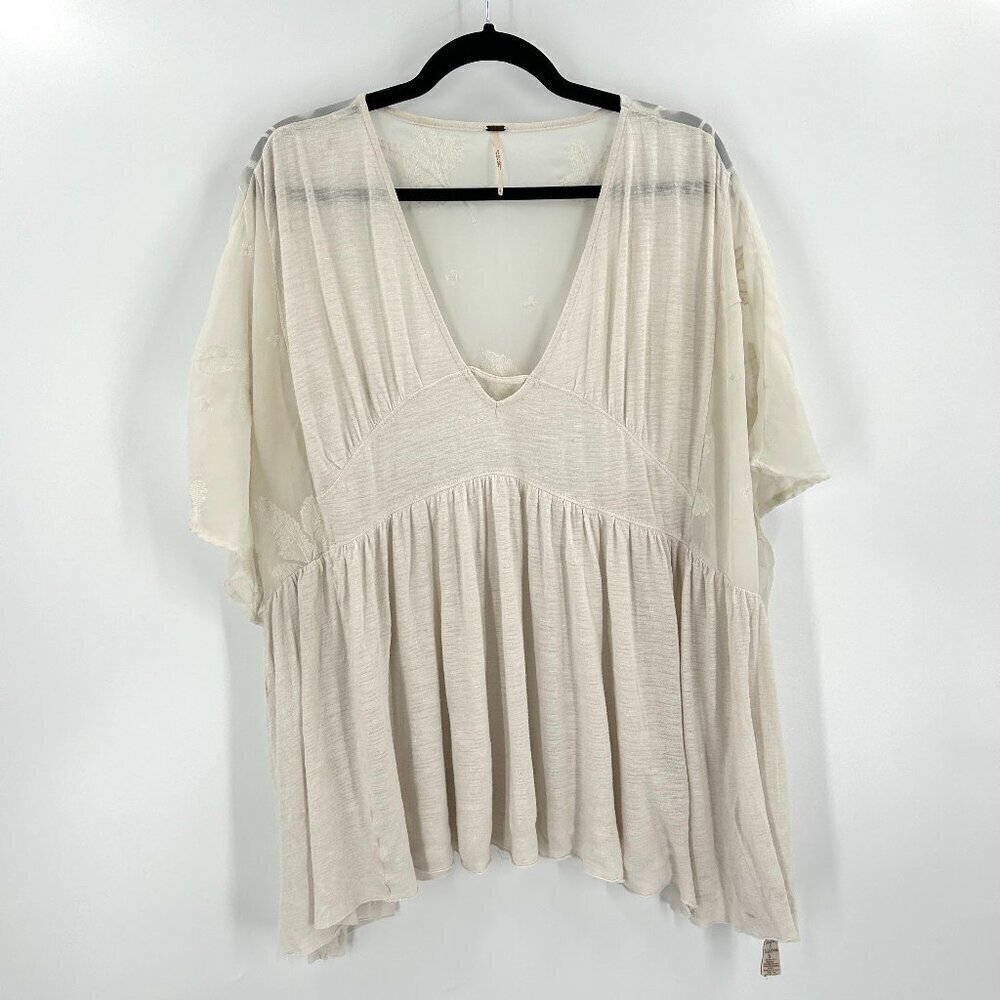FREE PEOPLE *Flawed* Ivory Sheer Floral Embroidered Oversized Boho Top Small